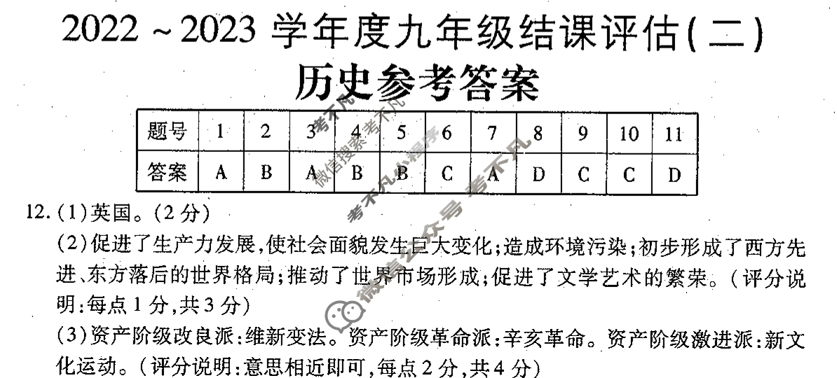 河北省2022~2023学年度九年级结课评估(二)[R-PGZX M-HEB]历史答案