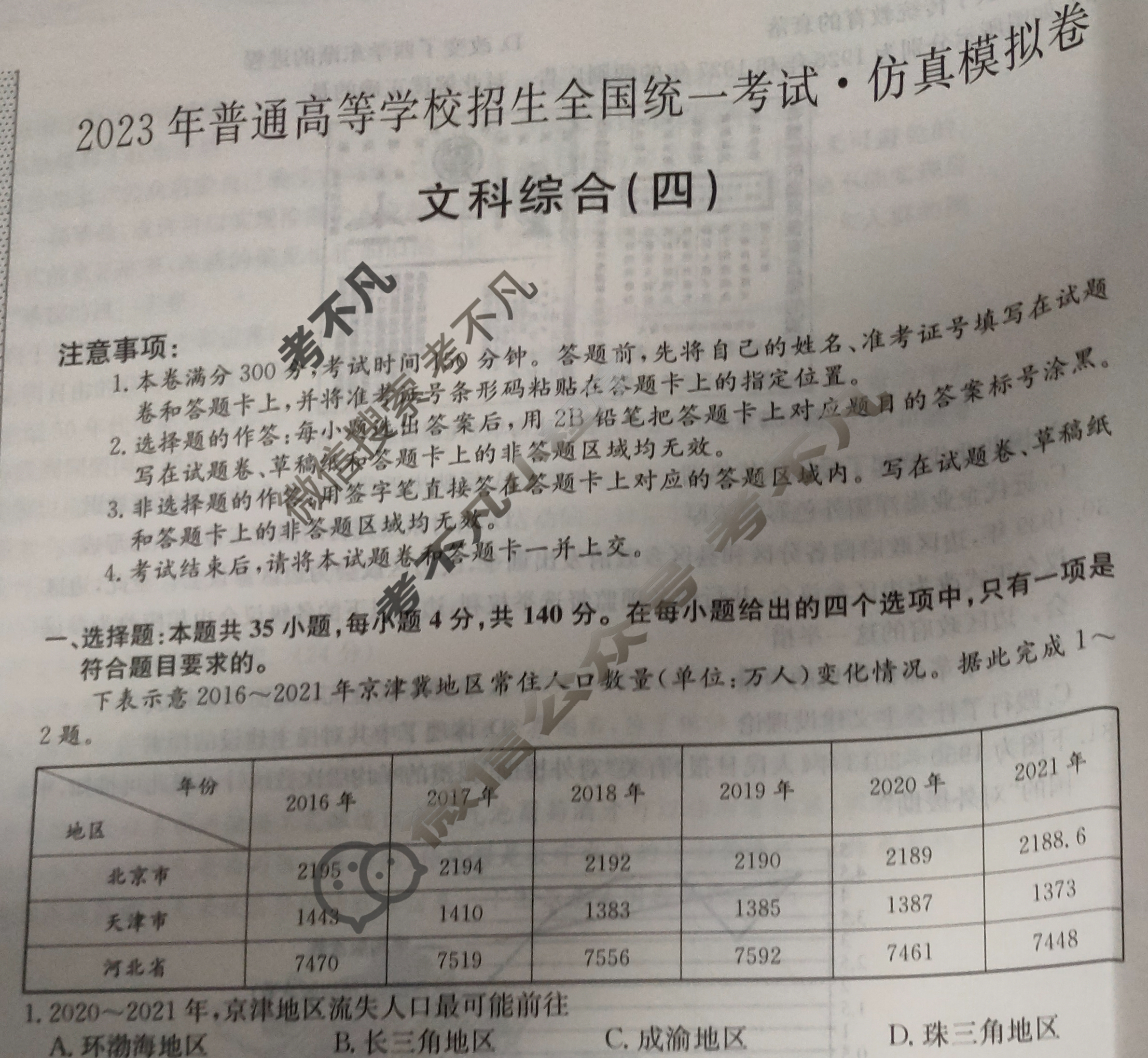 2023年普通高等学校招生全国统一考试·仿真模拟卷(四)4文科综合(新教材L)试题
