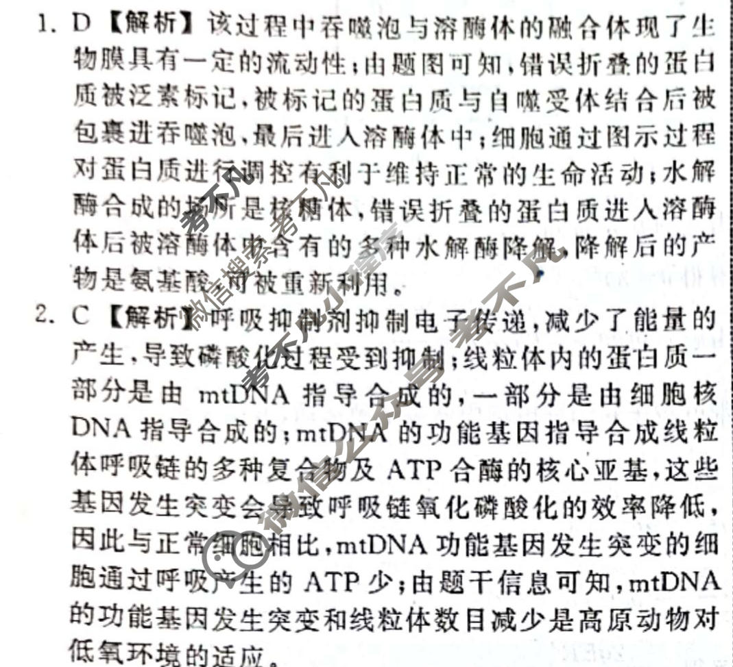 衡中同卷 2022-2023学年度下学期高三年级四调考试[新教材版]理综答案