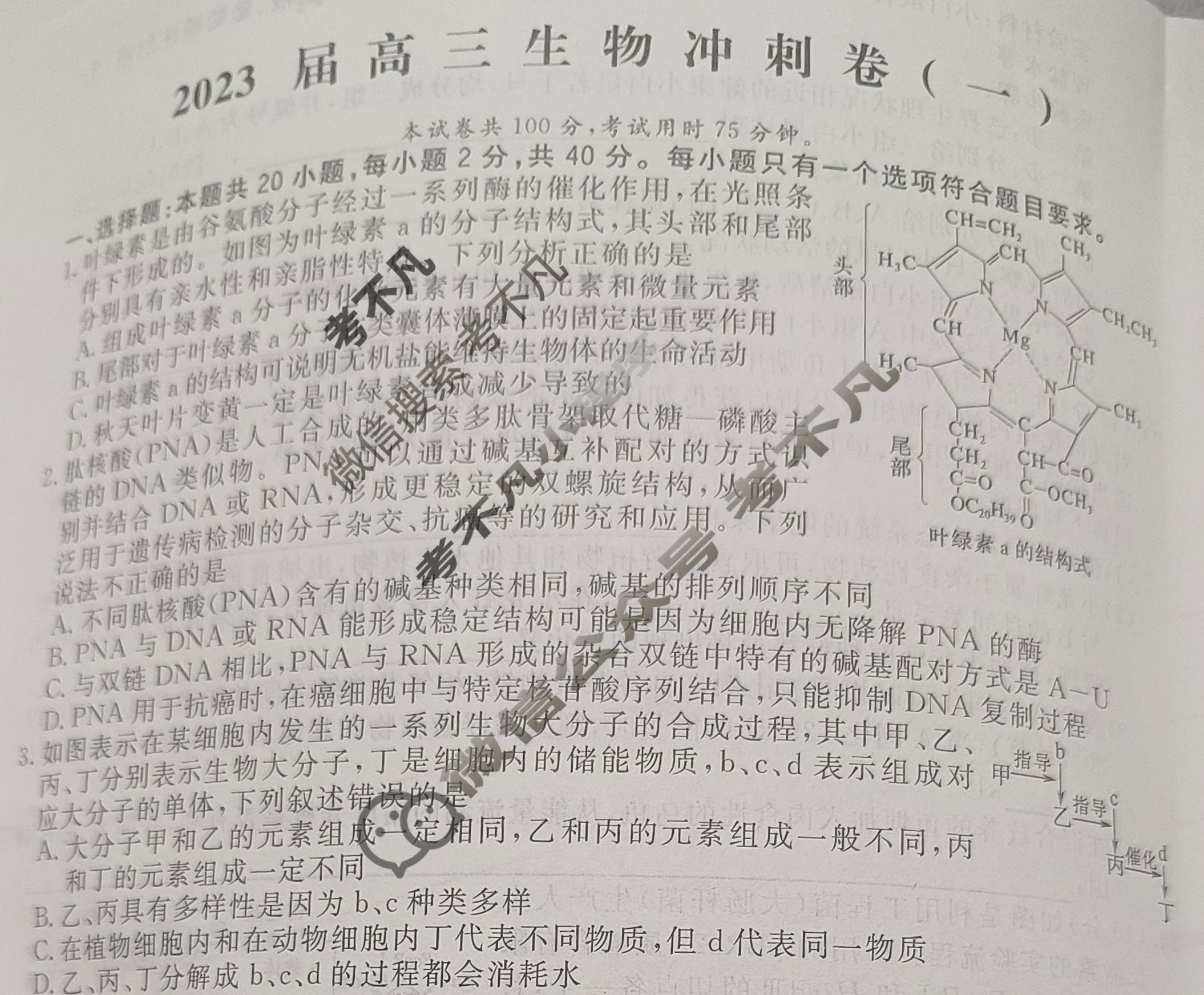 [学海园大联考]2023届高三冲刺卷(一)1生物(湖北)试题