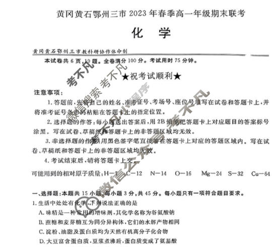 湖北省黄冈黄石鄂州三市2022-2023学年高一年级下学期期末联考化学试题