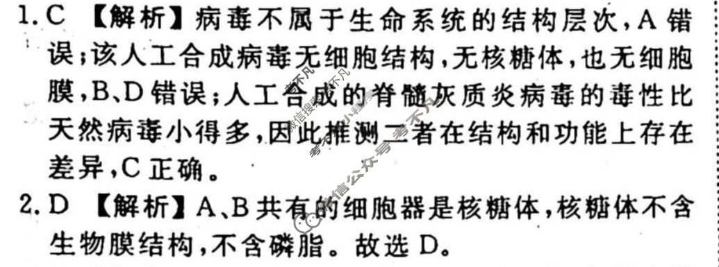 2023-2024衡水金卷先享题 高三一轮复习40分钟周测卷 生物学(一)1答案