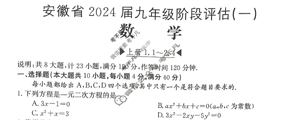 安徽省2024届九年级阶段评估[1L R](一)1数学BSD试题