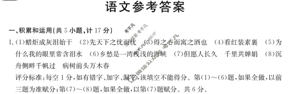 陕西省2024届九年级金太阳期中教学质量检测(※)语文c2答案