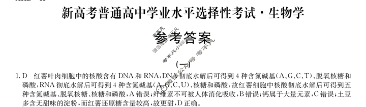 高三2024届新高考普通高中学业水平选择性考试F-XKB-H(一)1生物答案