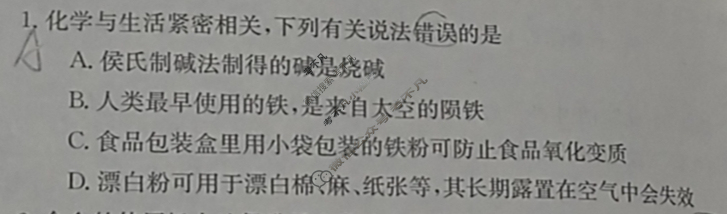 陕西省2023-2024学年高一金太阳12月联考(↑↑)化学A1试题