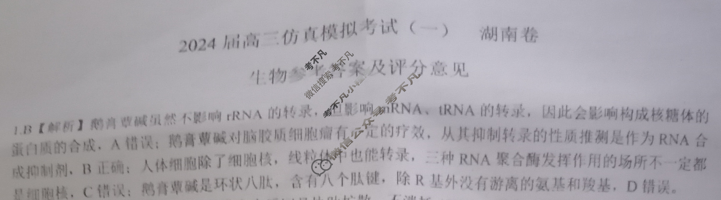 [百师联盟]2024届高三仿真模拟考试(一)1 生物(湖南卷)答案