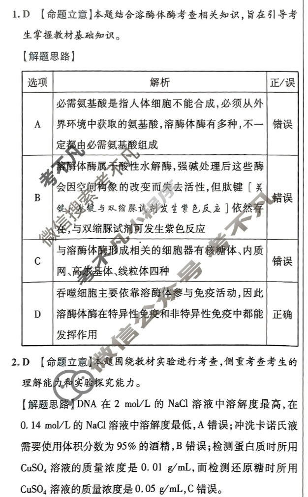 [金考卷·百校联盟(新高考卷)]2024年普通高等学校招生全国统一考试 预测卷(七)7生物答案