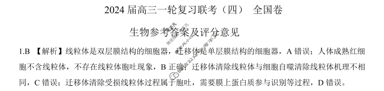 [百师联盟]2024届高三一轮复习联考(四)4生物(全国卷)答案