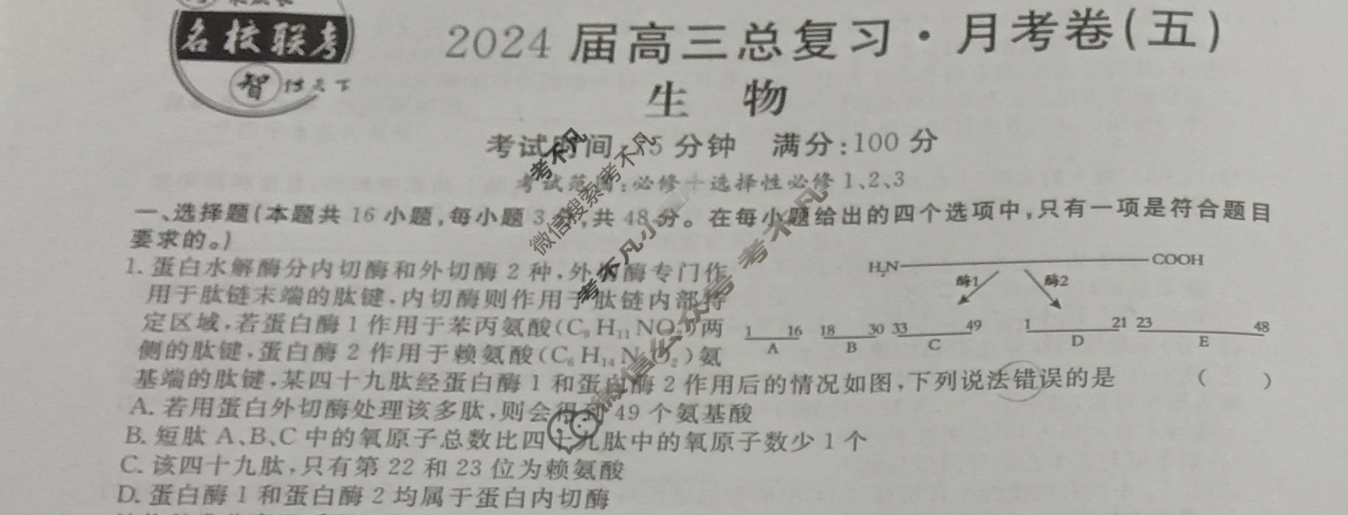 [名校联考]2024届高三总复习·月考卷(五)5生物AHX4试题