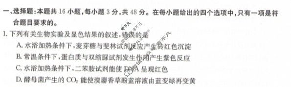 甘肃省2024届高三金太阳阶段调考(⇧)生物试题