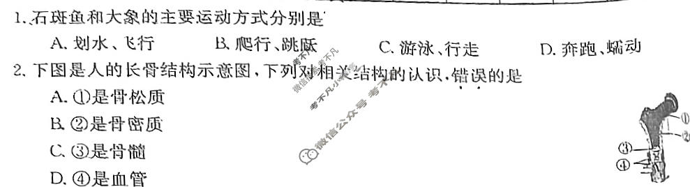 安徽省2023~2024学年度八年级上学期阶段评估(二)[3L BSD-AH]生物试题