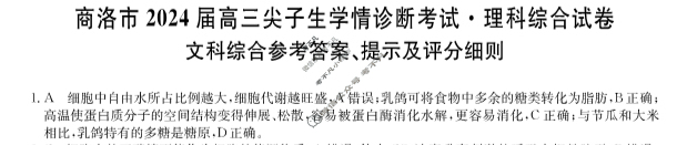 商洛市2023-2024学年上学期高三尖子生学情诊断考试理科综合答案