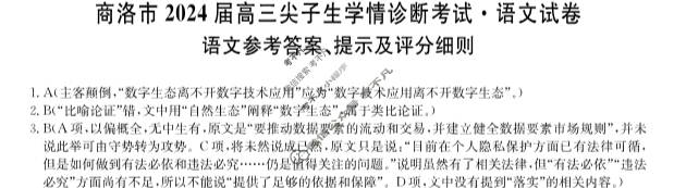 商洛市2023-2024学年上学期高三尖子生学情诊断考试语文答案