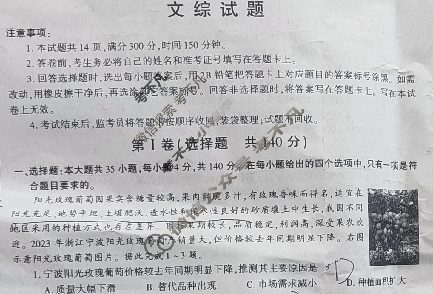 陕西省周至县2023-2024学年度高考第一次模拟考试文科综合试题