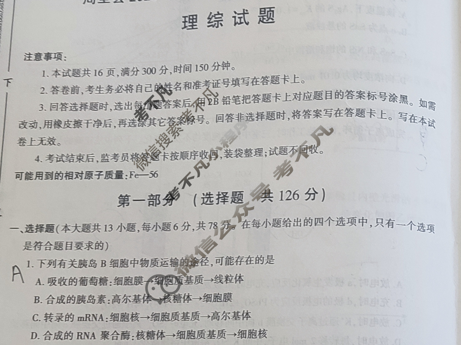 陕西省周至县2023-2024学年度高考第一次模拟考试理科综合试题