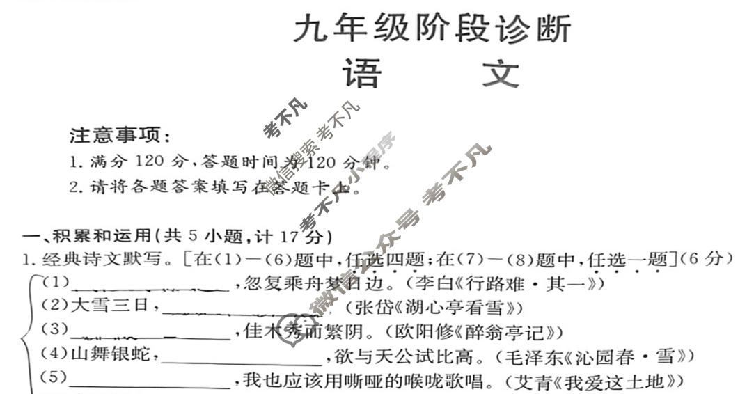 陕西省2023-2024学年金太阳九年级阶段诊断(✿)语文试题