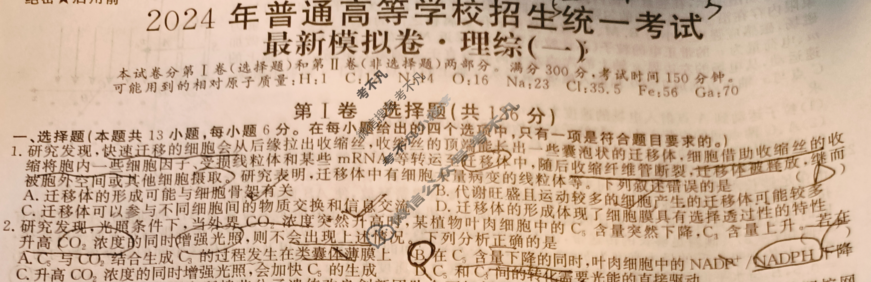 高三2024年普通高等学校招生统一考试 S4·最新模拟卷(一)1理科综合S4试题