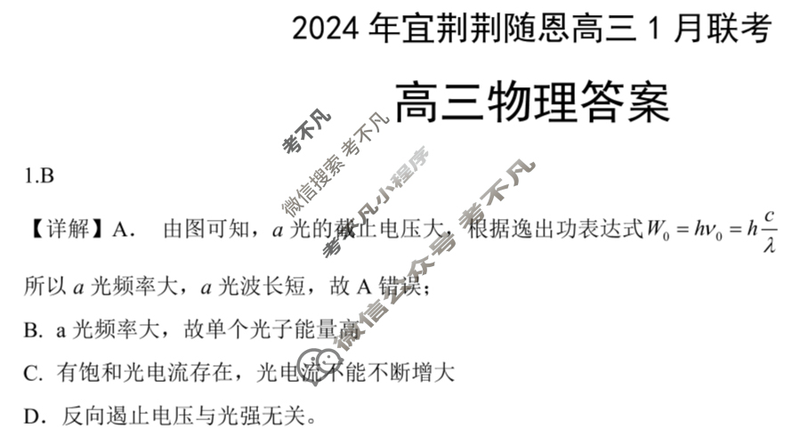 [湖北省]2024年宜荆荆随恩高三1月联考物理答案
