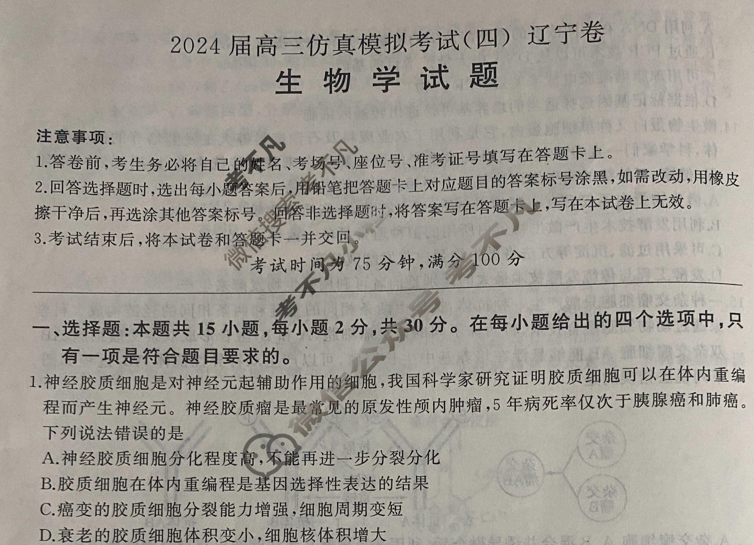 [百师联盟]2024届高三仿真模拟考试(四)4 生物(辽宁卷)试题