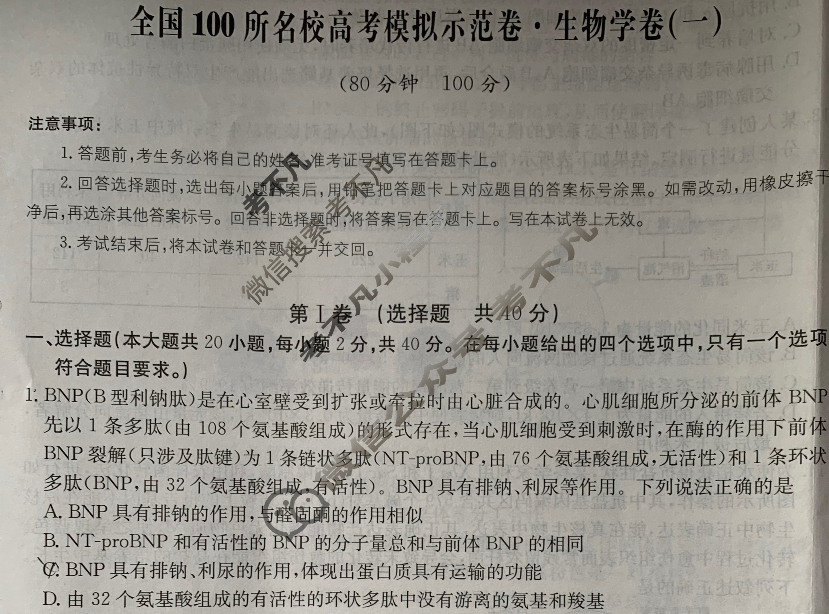 2024年全国100所名校高考模拟示范卷·生物(一)1[24新教材老高考·ZX·MNJ·生物学·N]试题