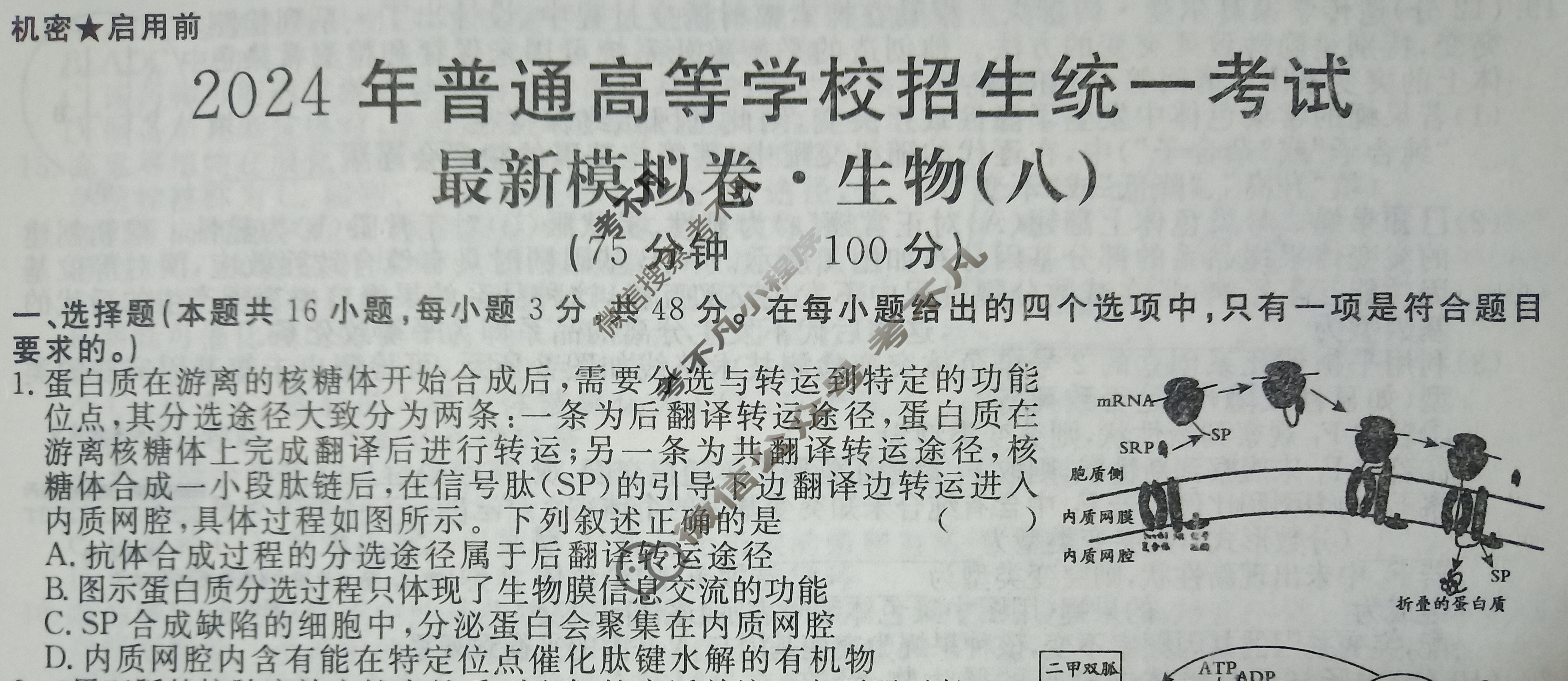 高三2024年普通高等学校招生统一考试 AHX4G·最新模拟卷(八)8生物AHX4G试题