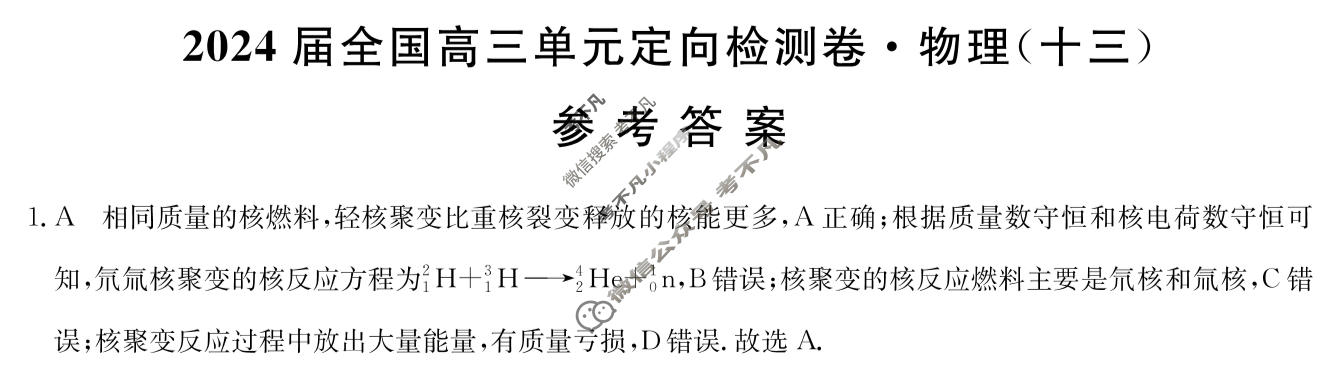 [九师联盟]2024届全国高三单元定向检测卷(新教材KH) 物理(十三)13答案