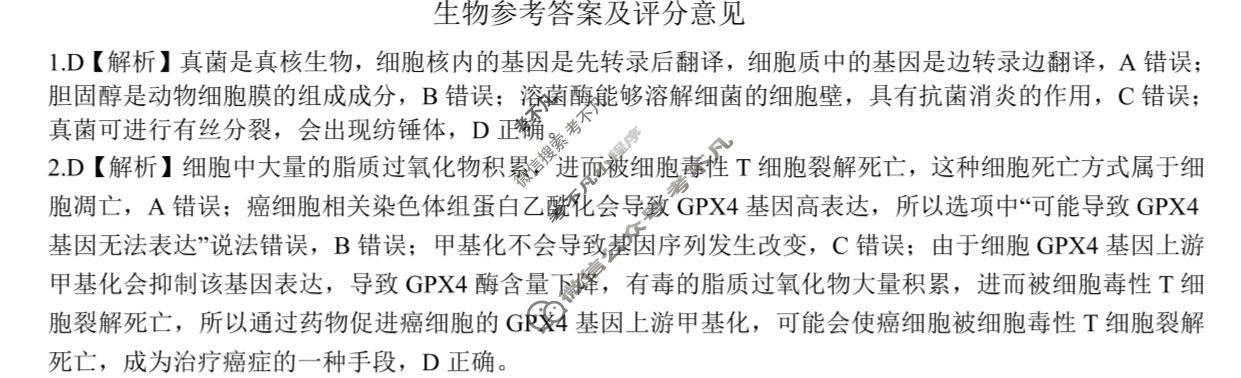 [百师联盟]2024届高三仿真模拟考试(二)2 生物(山东卷)答案