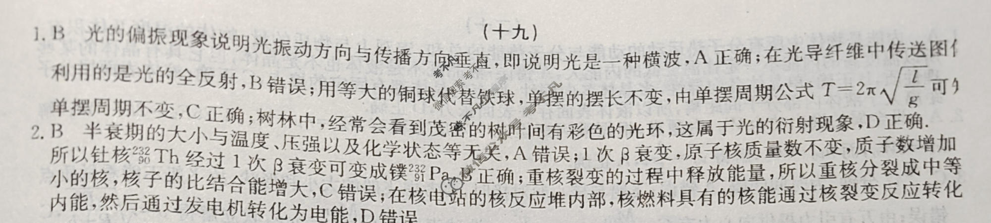 2024新高考题型专练·小题抢分卷[新高考(新教材-A)]物理B(十九)19答案