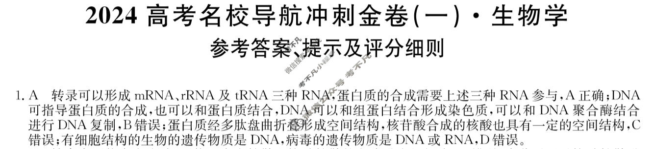 高三2024高考名校导航冲刺金卷(一)1生物答案
