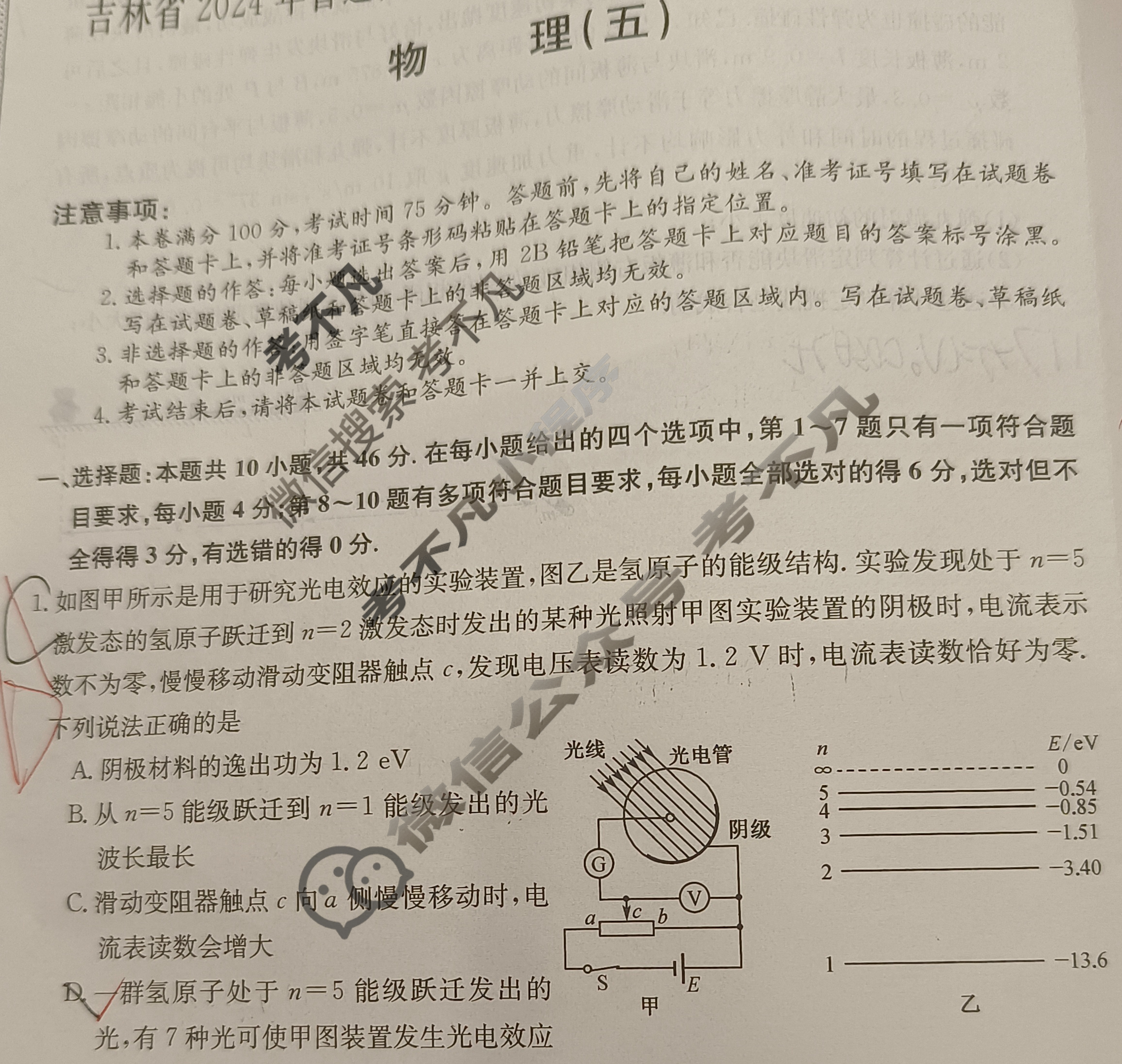 吉林省高三2024年普通高中学业水平选择性考试·仿真模拟卷(新高考)吉林(五)5物理(吉林)试题