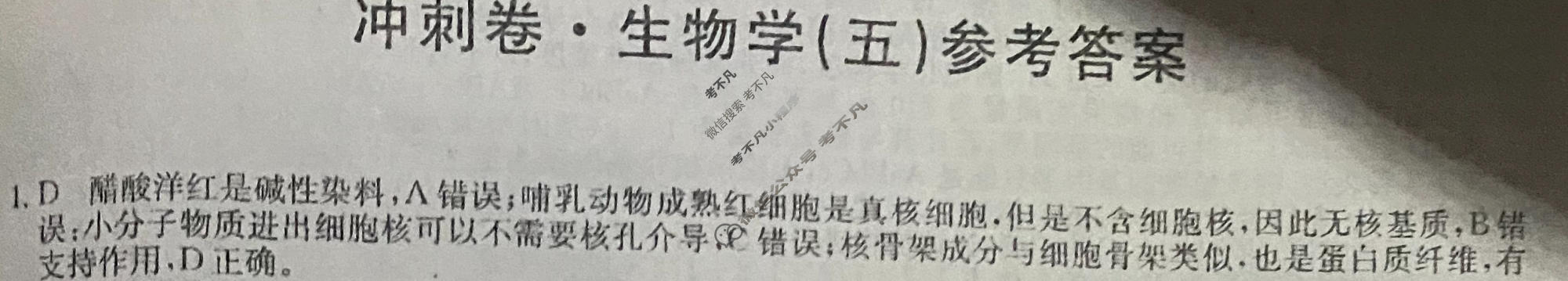 高三2024年河北省普通高中学业水平选择性考试冲刺压轴卷(五)5生物(河北)答案