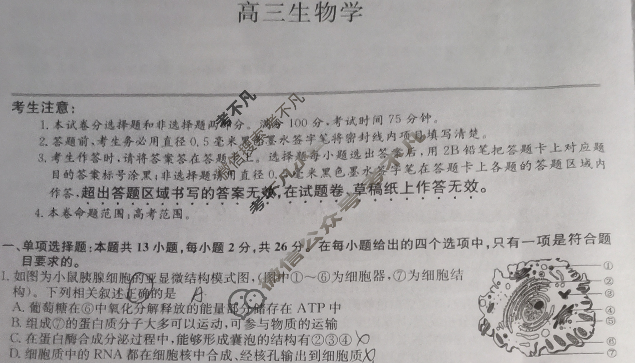 [九师联盟]2024届高三3月质量检测生物S试题