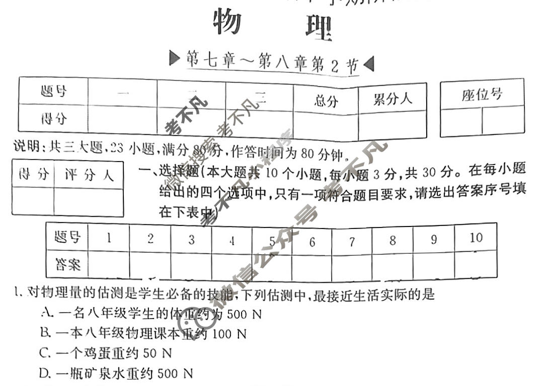 山西省2023~2024学年度八年级下学期阶段评估(一)[5L R-SHX]物理试题