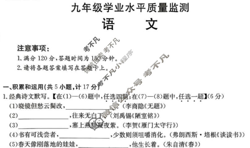 陕西省金太阳2024届九年级教学质量检测(◆)语文试题
