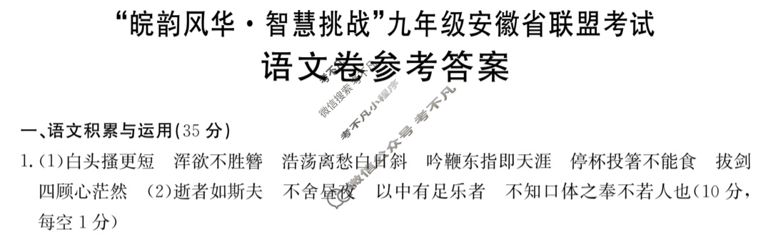 金太阳联考“皖韵风华·智慧挑战”九年级安徽省联盟考试(24-CZ103c)语文答案