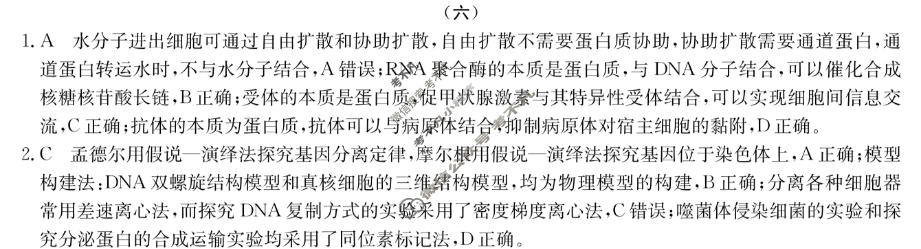 高三2024年普通高校招生选考科目考试模拟调研卷(六)6生物AY答案