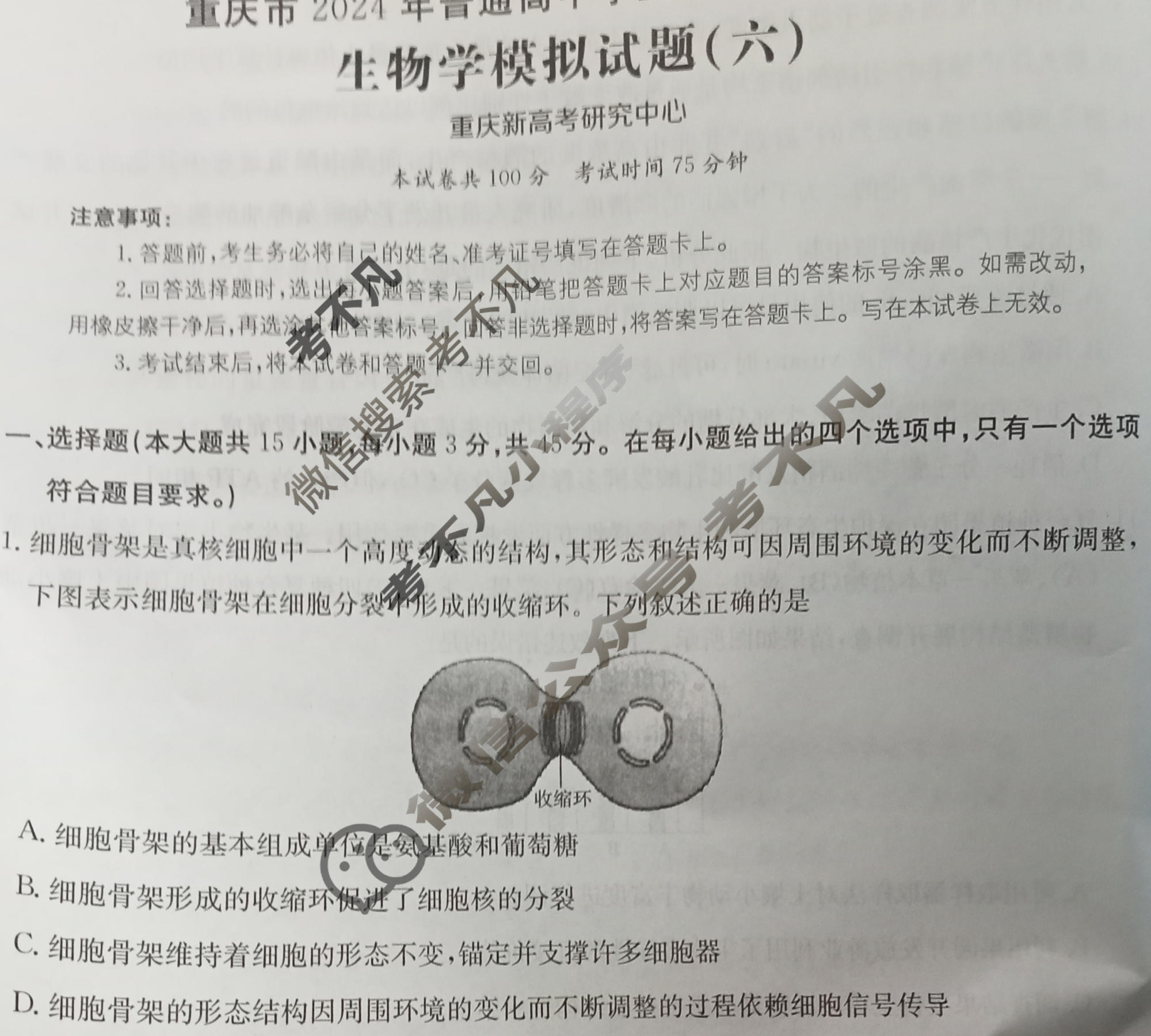 重庆市2024年普通高中学业水平选择性考试·生物学(六)6[24·(新高考)ZX·MNJ·生物学·CQ]试题