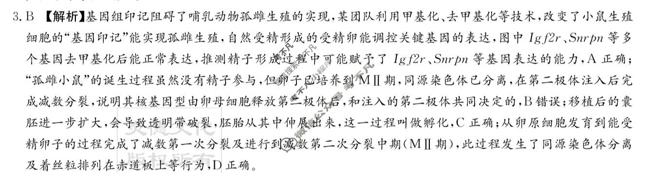 炎德英才大联考(雅礼版)雅礼中学2024届高三月考试卷(八)8生物答案
