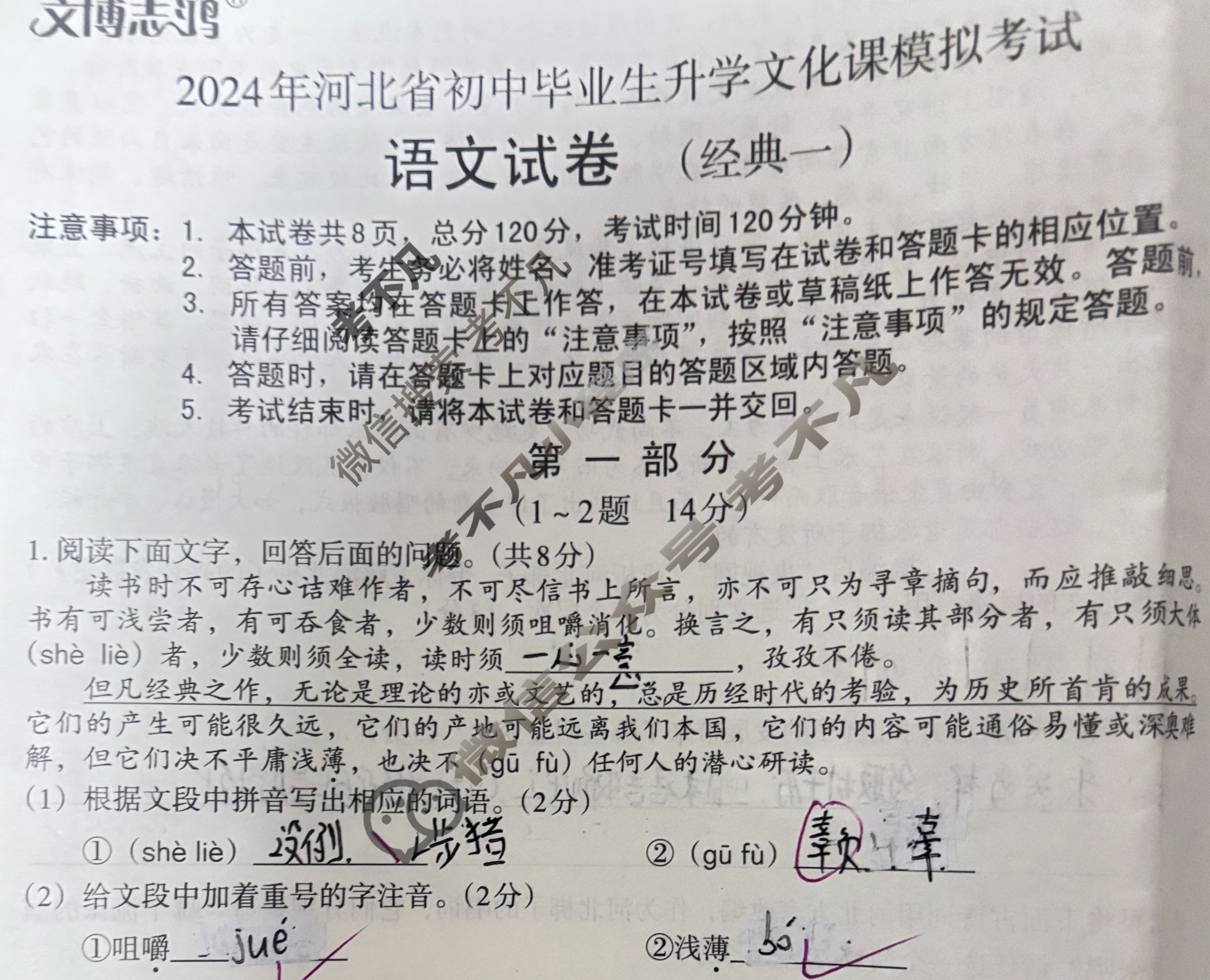 [文博志鸿]2024年河北省初中毕业生升学文化课模拟考试(经典一)语文试题