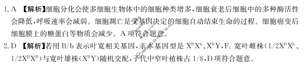 广东省2023-2024学年高二金太阳4月联考(24-425B)生物B1答案