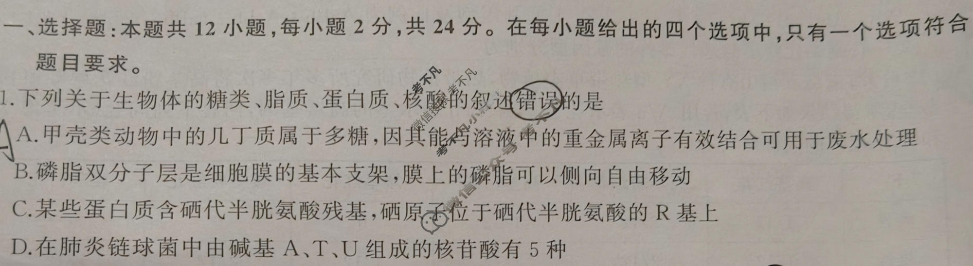 [三湘名校教育联盟]2024年上学期高一期中大联考生物试题