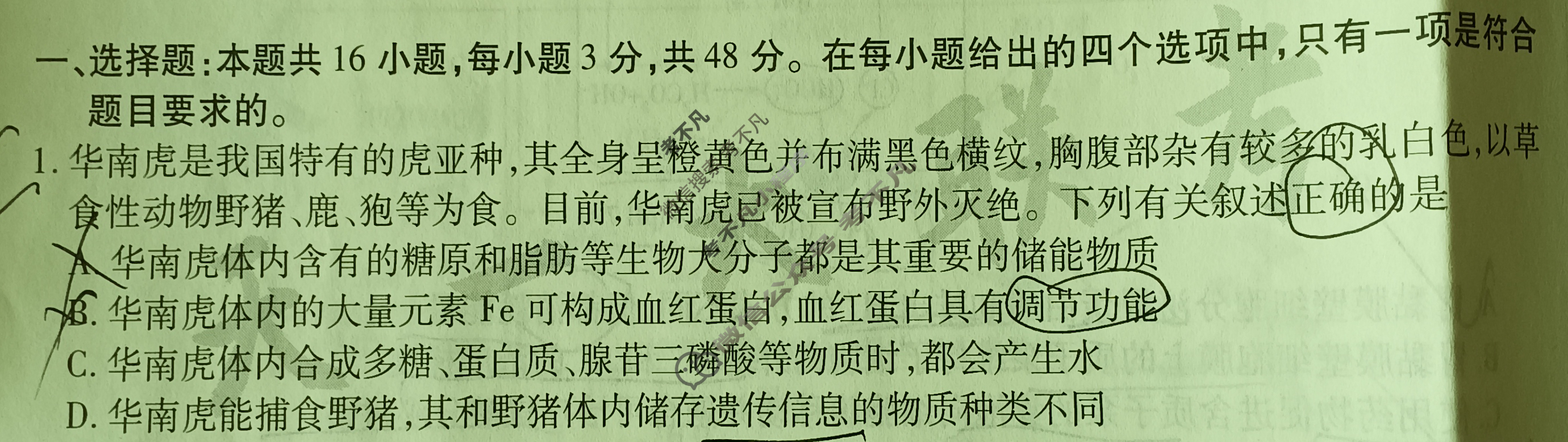 [天一大联考]2024年普通高等学校招生全国统一考试诊断卷[A卷]生物(甘肃专版)试题