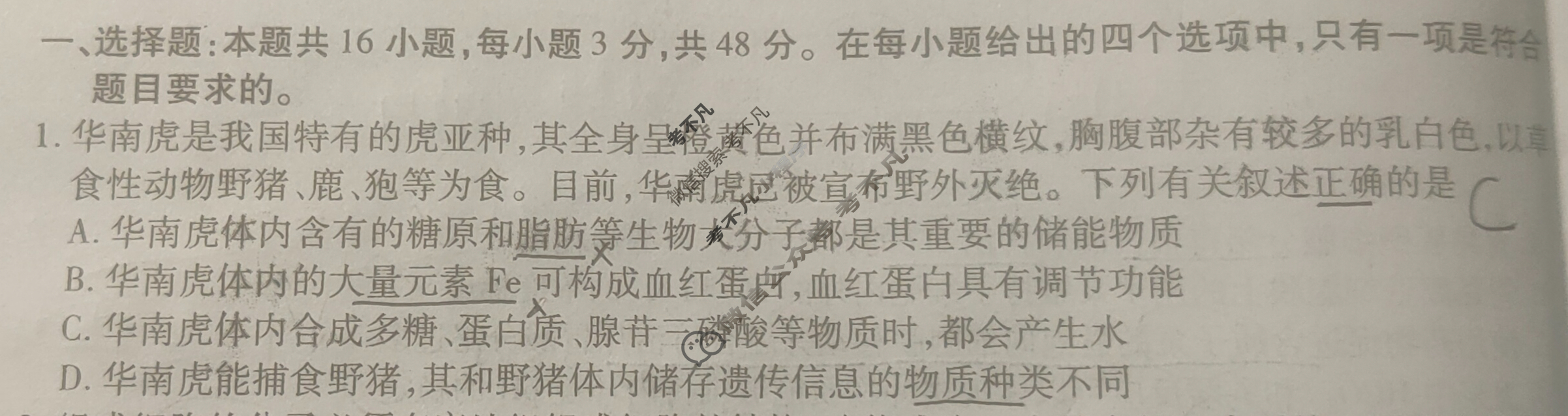 [天一大联考]2024年普通高等学校招生全国统一考试诊断卷[A卷]生物(新高考·甘肃专版)试题
