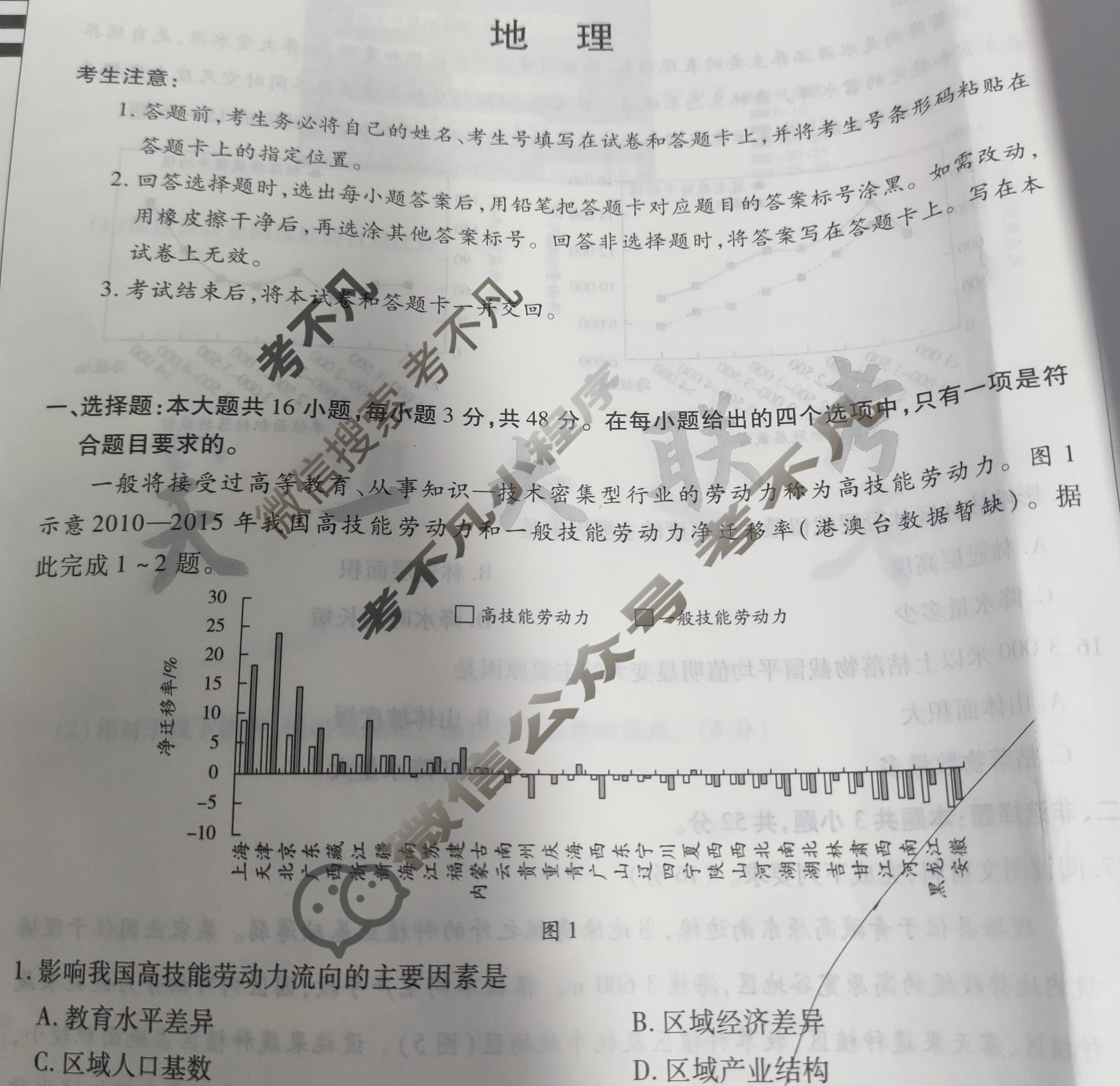 [天一大联考]2024年普通高等学校招生全国统一考试诊断卷[A卷]地理(新高考·安徽专版)试题