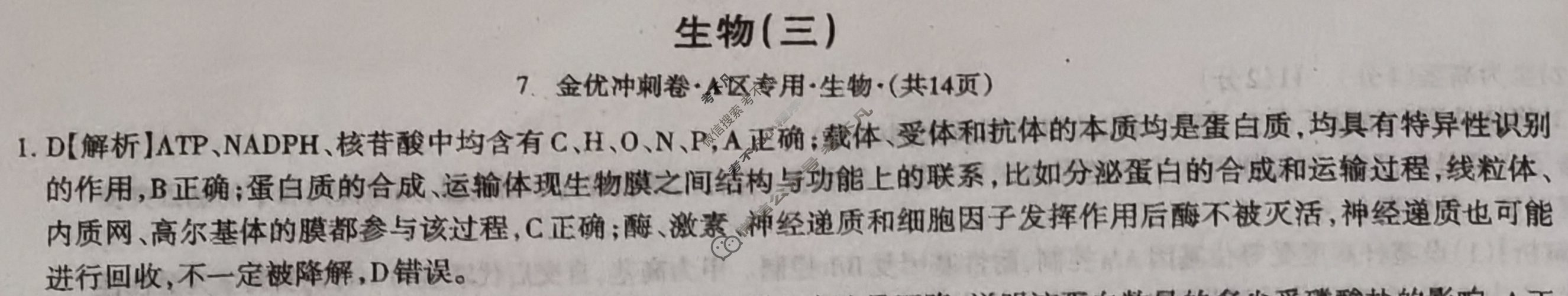 高三2024年新高考冲刺卷 JY高三冲刺卷(三)3生物·新高考·A答案