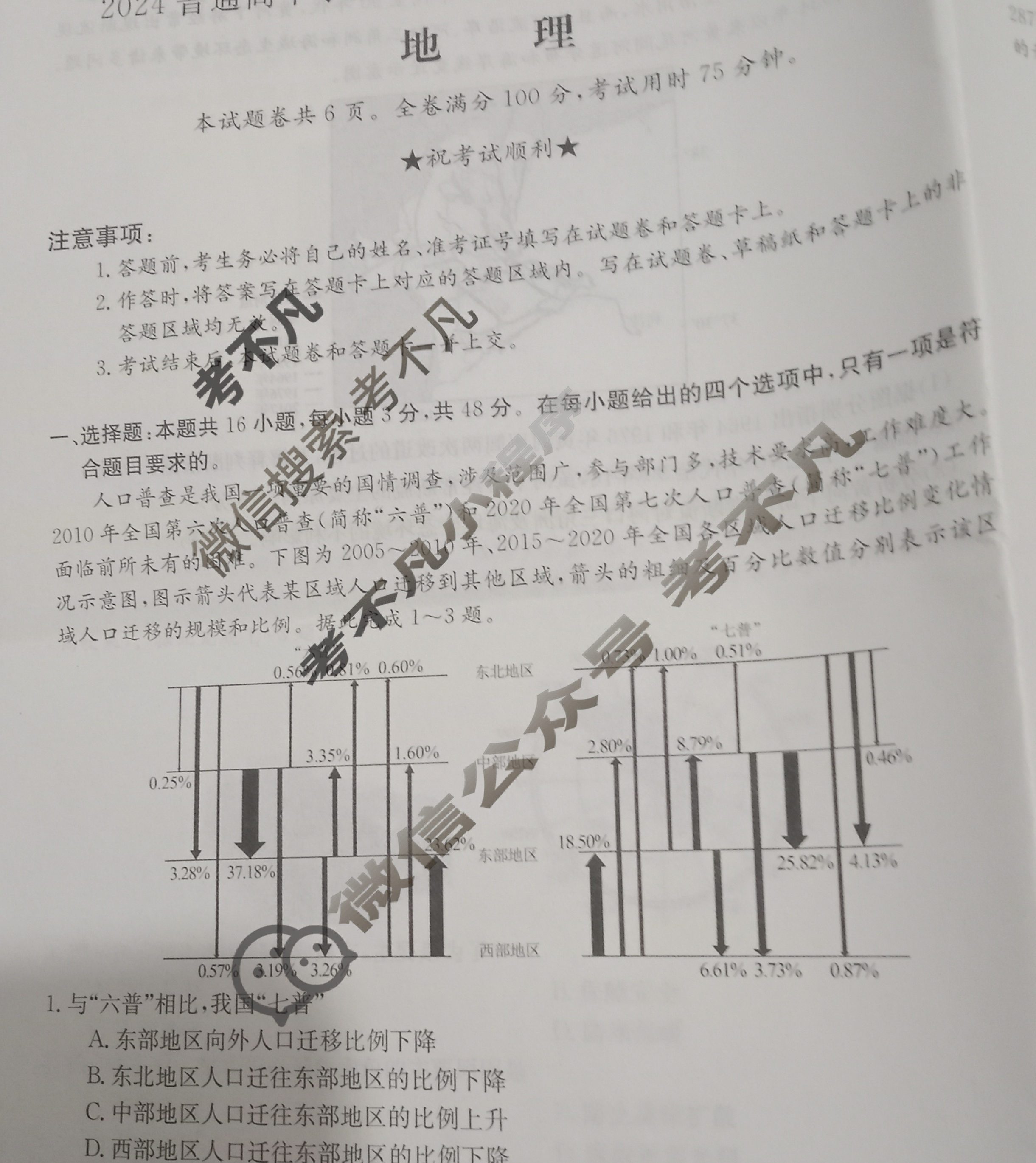 高三2024普通高中学业水平选择性考试·临门一卷(一)1地理(新教材-AGGG)试题