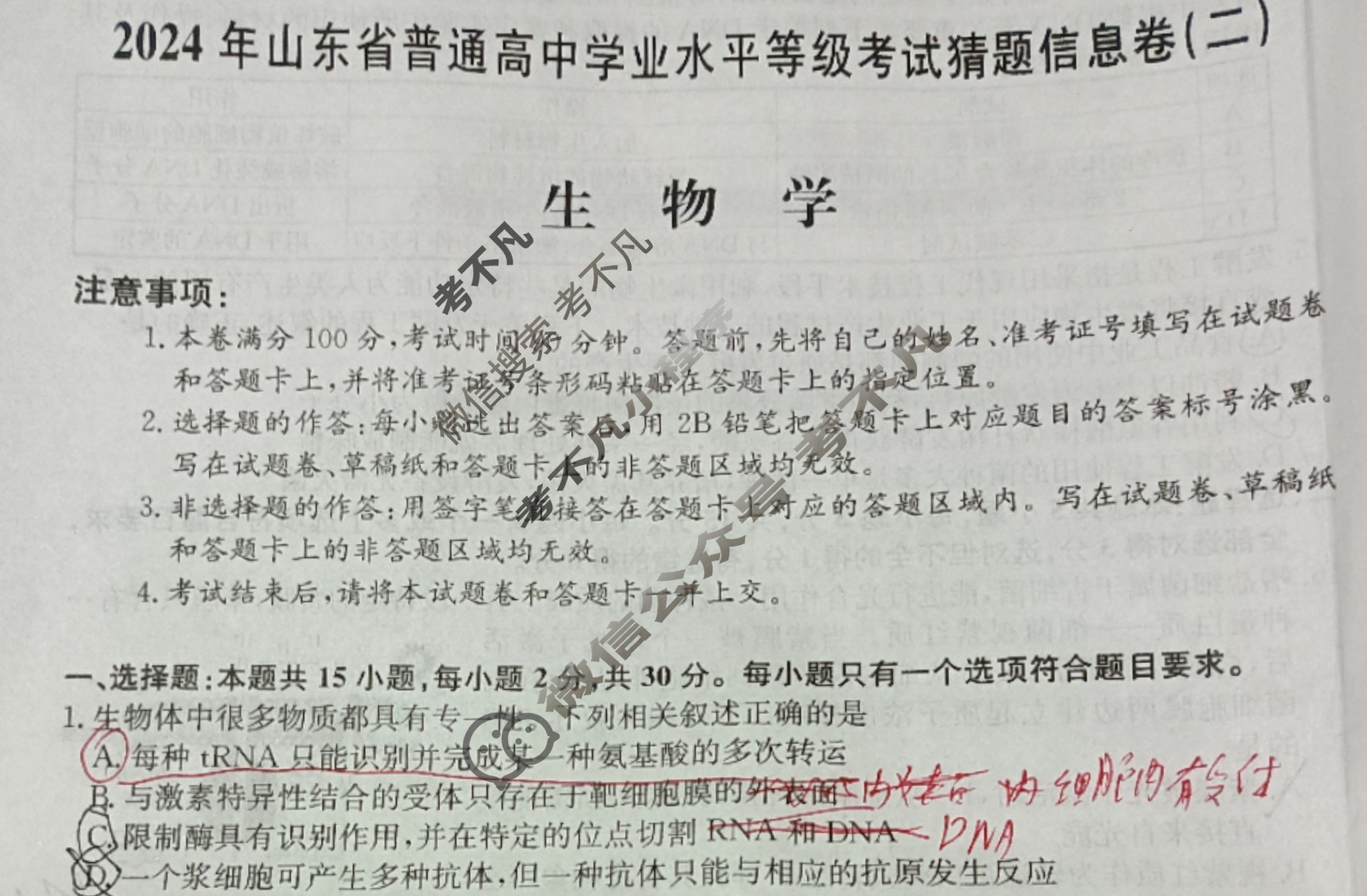高三2024年山东省普通高中学业水平等级考试猜题信息卷(二)2生物(山东)试题