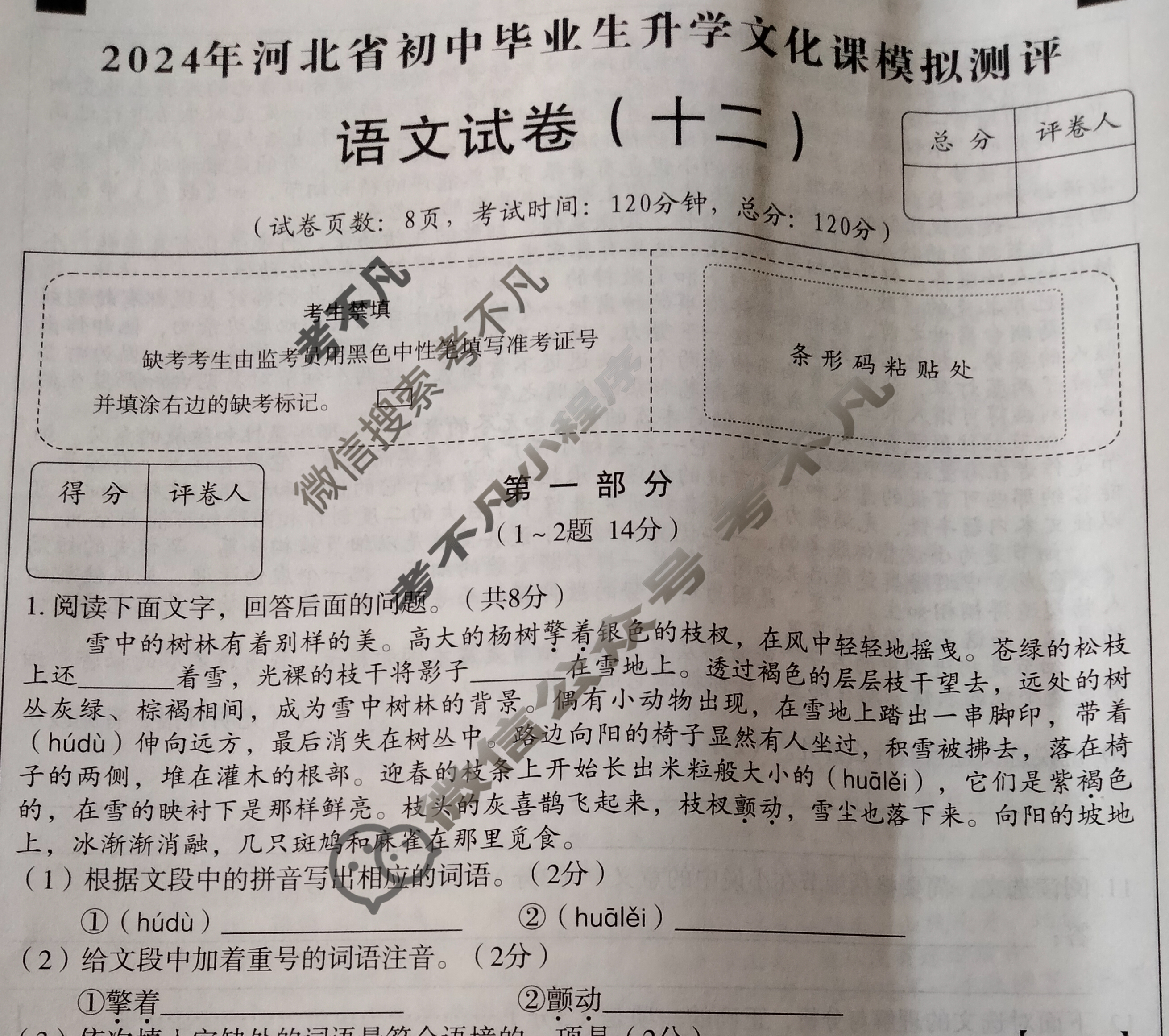 [高才博学]2024年河北省初中毕业生升学文化课模拟测评(十二)12语文试题