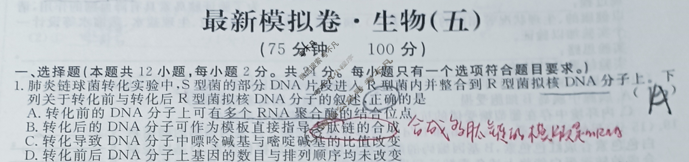 高三2024年普通高等学校招生统一考试 ·最新模拟卷(五)5生物XS4J试题